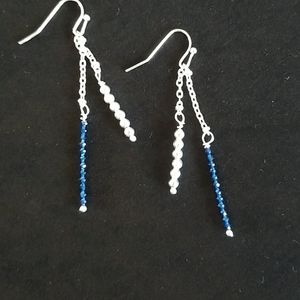 Blue agate gemstone cut silver dangle earrings